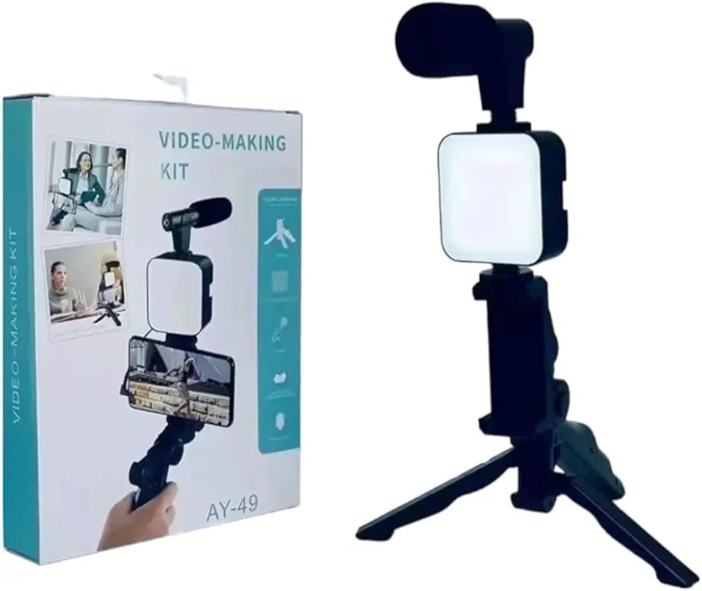 AY 49 Complete Video Making Kit for Content Creators LED Light Microphone Tripod and Wireless Bluetooth Remote Control