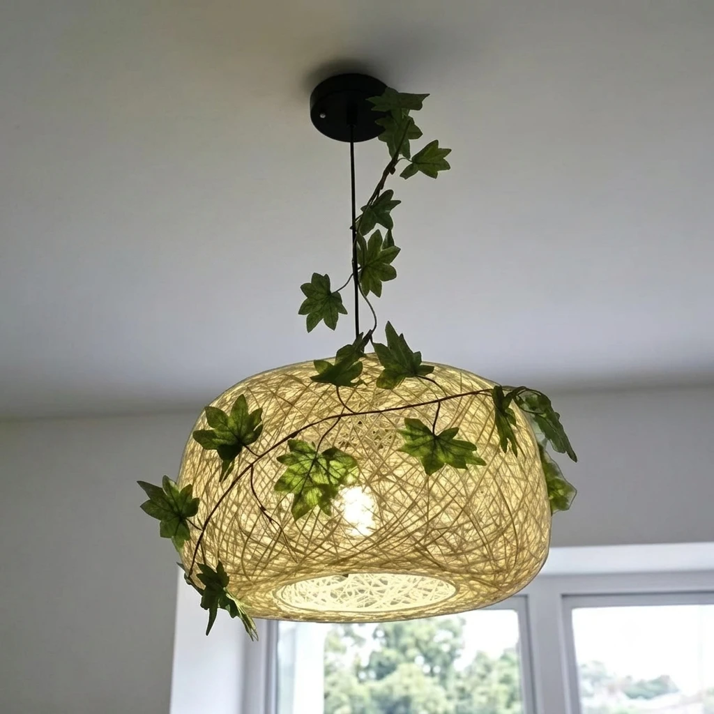 Rattan pendant lights with artificial hanging plants