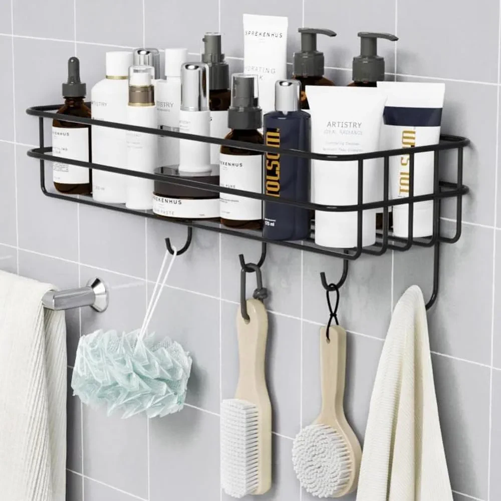 Black Wall Shelf for Bathroom & Kitchen, Self Adhesive Wall Storage Organizer