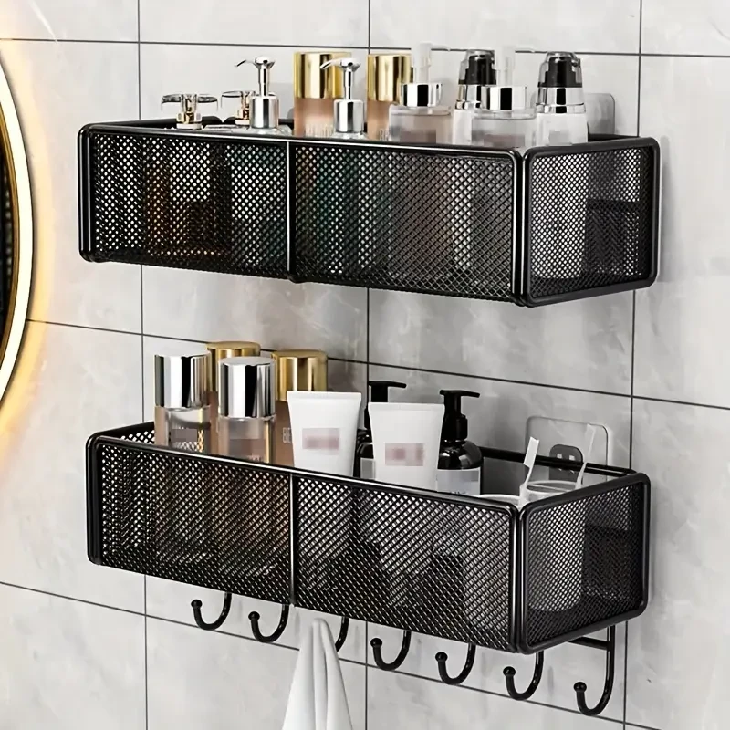 black metal wall-mounted bathroom storage shelf featuring a mesh design for drainage