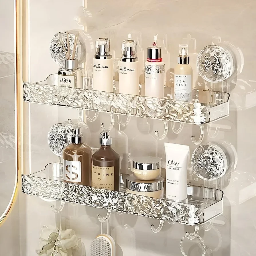 Bathroom Wall Rack with Suction Cup Mount – Two-Level Storage Shelf with Hanging Hooks – Clear