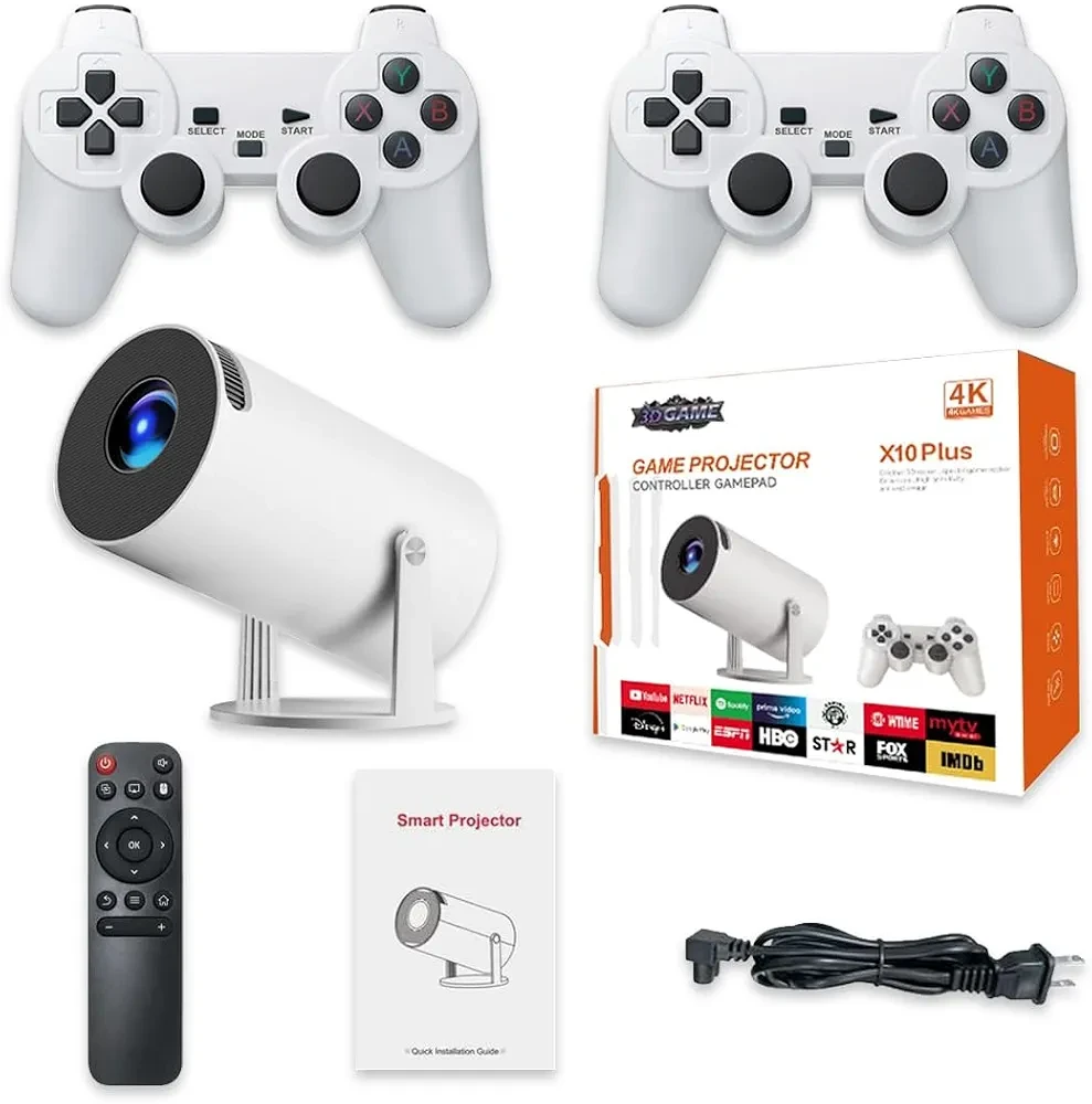 X10 Plus Retro Game Console with Projector, Plug and Play TV Video Game Stick, 4K HD Portable Projector with 10000+ Games, 2.4g Wireless Controllers, HDMI Output, WiFi