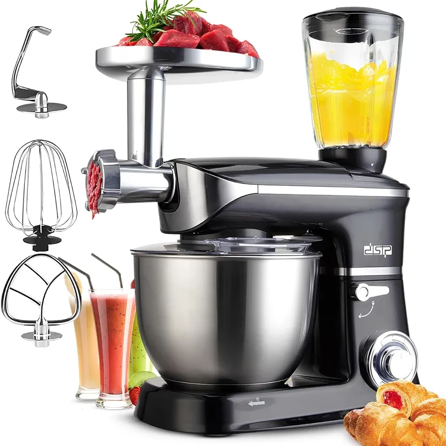 dsp Stand Mixer, 1300W, 6.5L Capacity, Stainless Steel Bowl, Quiet Operation, 6 Speeds + Pulse, Safety Lock & Liftable Head, Includes Dough Hook, Beater, Whisk & Spatula, KM3031